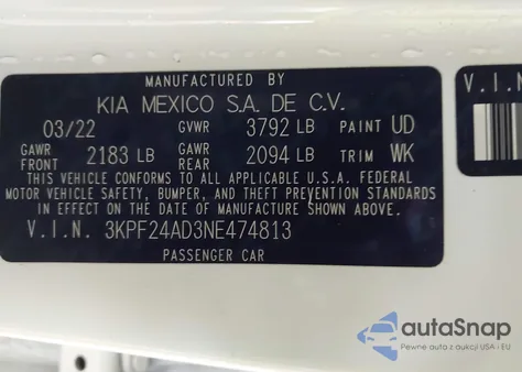 2022 Kia Forte Fe from USA, damaged, VIN 3KPF24AD3NE474813